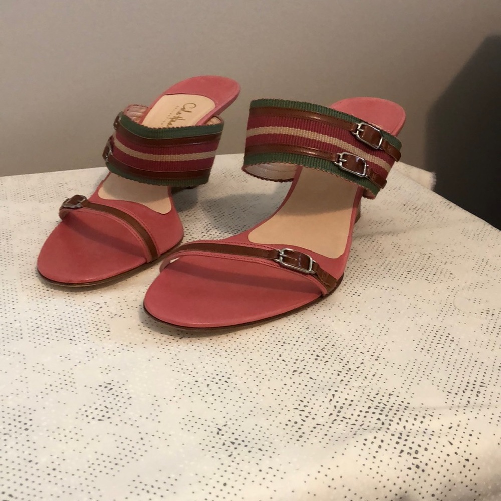 Women’s size 10B Cole Haan Cecilia Wedge Sandal - Pink and Green w/ wooden heel